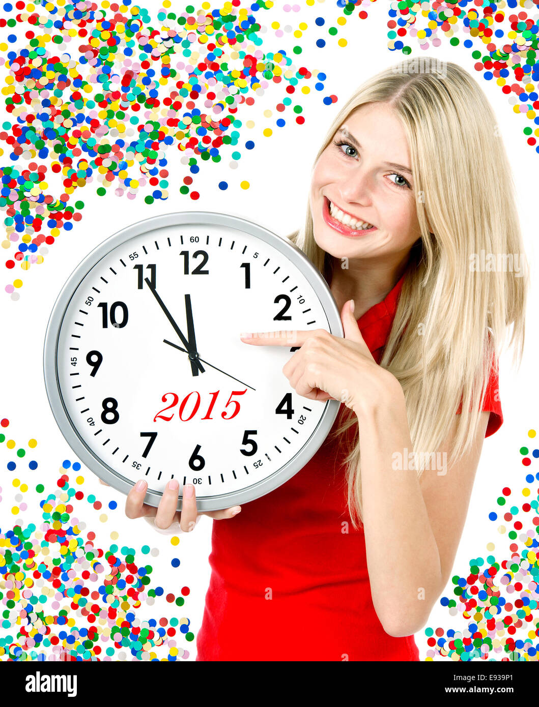 new year 2015. five to twelve. young beautiful woman with big clock and party decoration Stock Photo