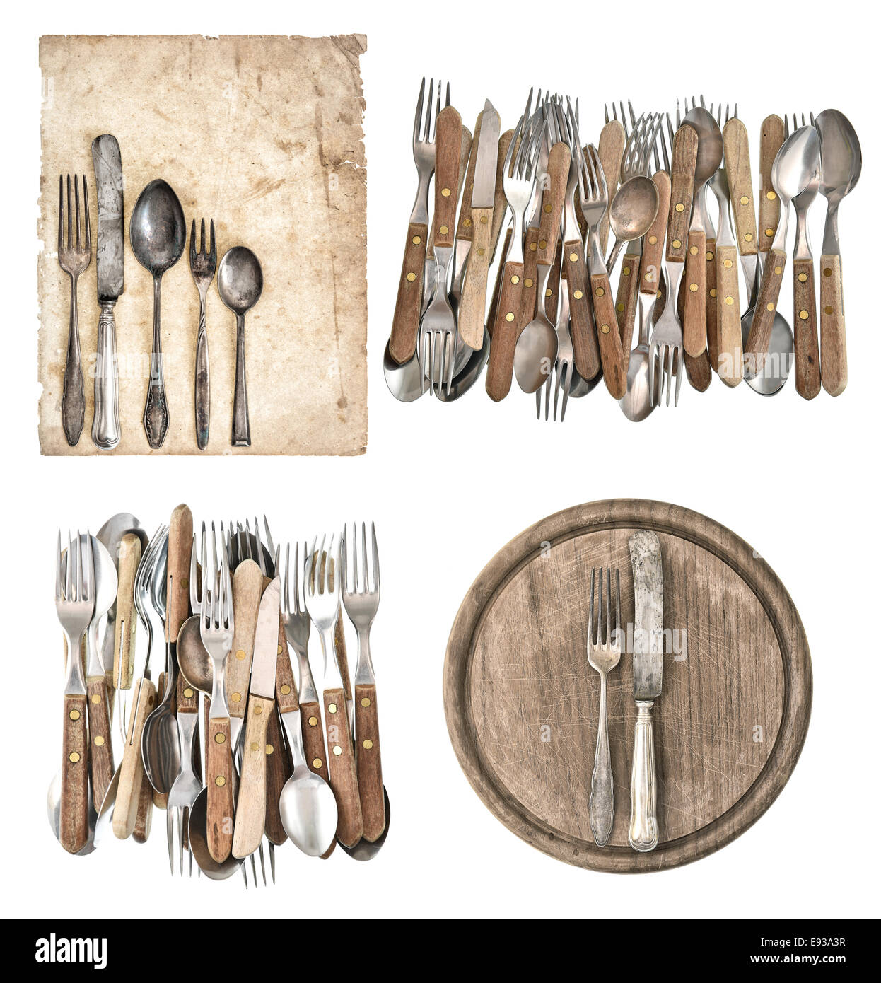 aged paper, kitchen board, antique kitchen utensils and vintage silver cutlery isolated on white background Stock Photo
