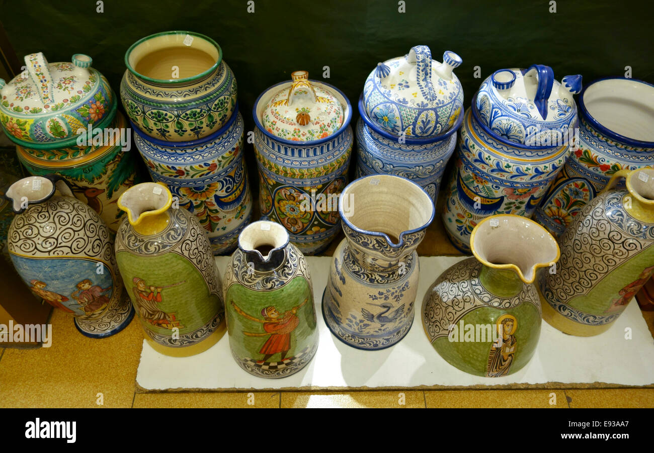 Spanish pottery and ceramic shop with carafes on display in Mijas