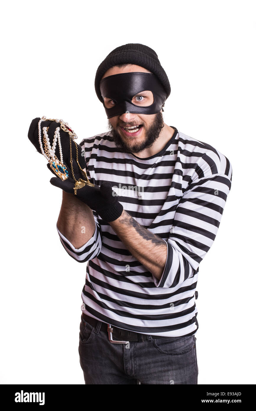 Criminal holding stolen necklace. Portrait isolated on white background