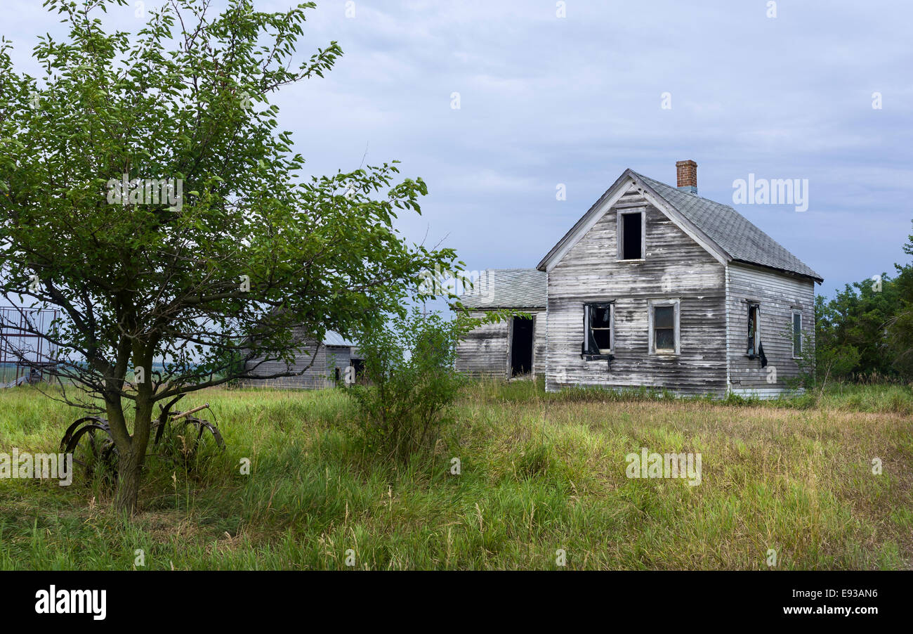 Traditional wooden house in derelict state surrounded by overgrown vegetation near Dover, Missouri, USA. Stock Photo
