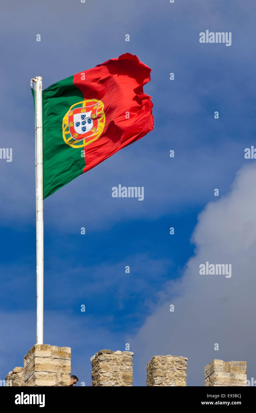 Vertical close up view of the Portugese national flag in Lisbon. Stock Photo