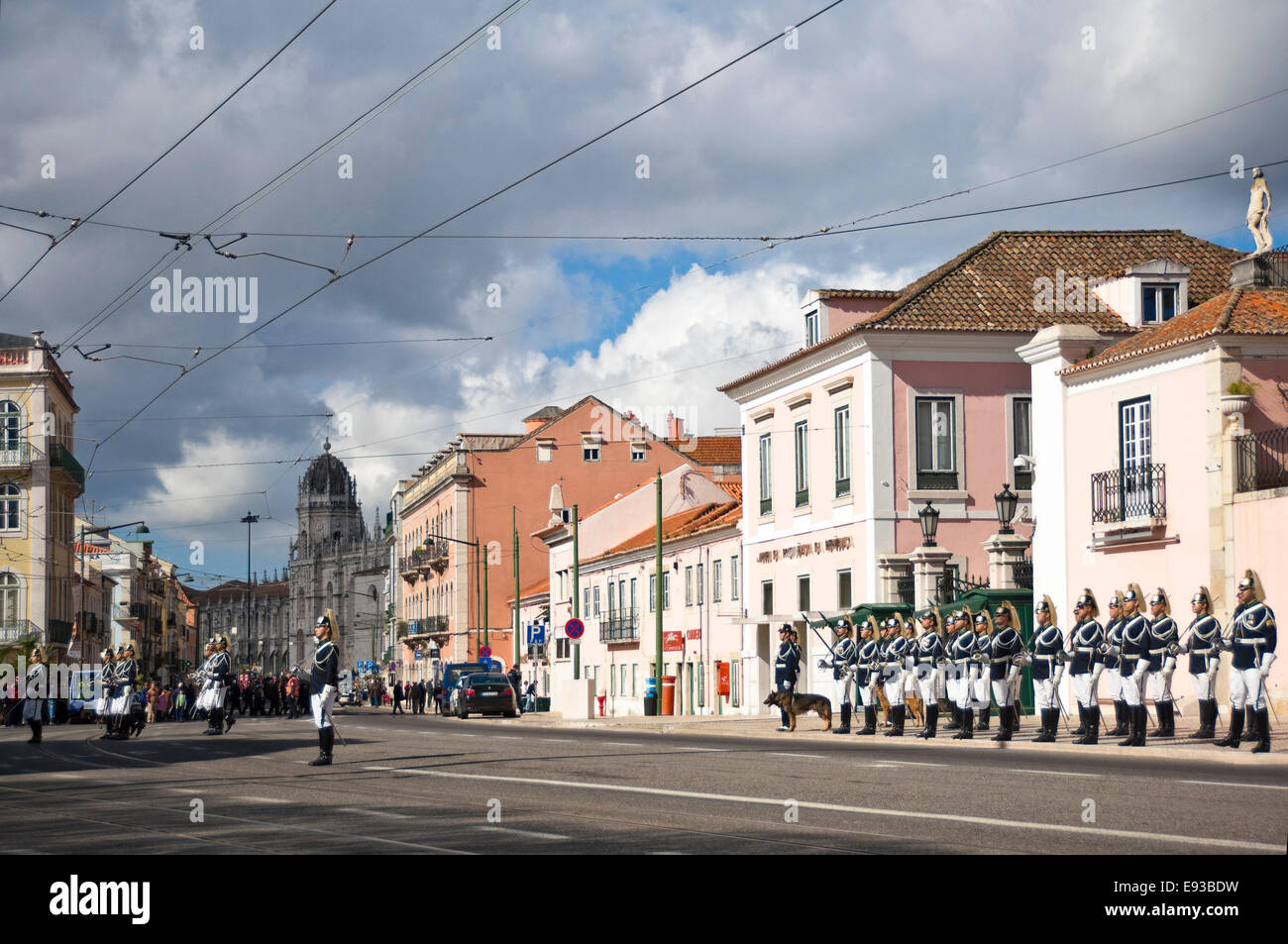 Horizontal wide angle view of the changing of the guard in Belem, Lisbon. Stock Photo