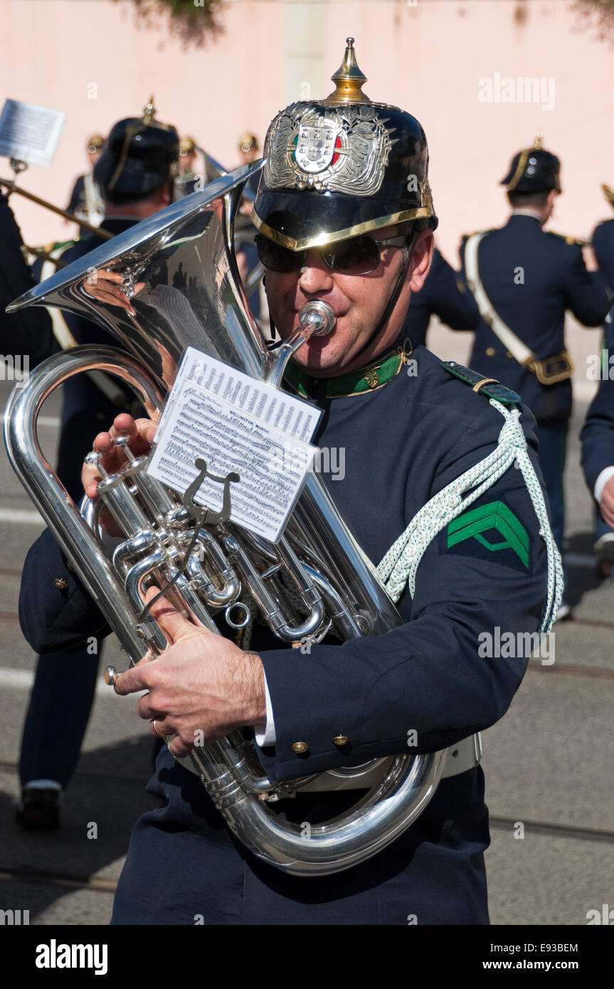 Vertical portrait of a military band musician at the changing of the guard in Belem, Lisbon. Stock Photo