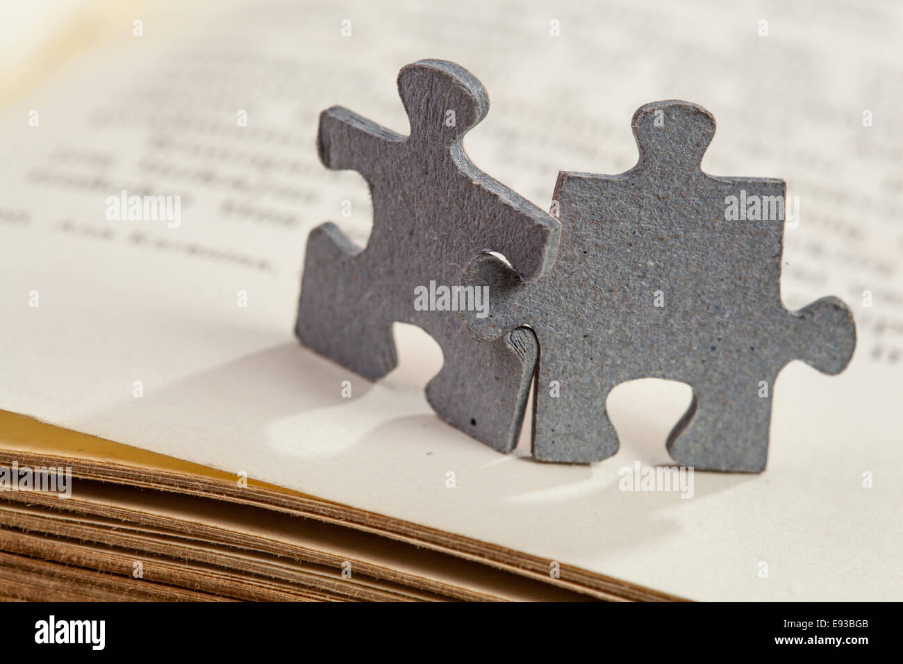 Concept of friendship and learning: closeup of two jigsaw puzzle pieces on book. Shallow depth of field Stock Photo