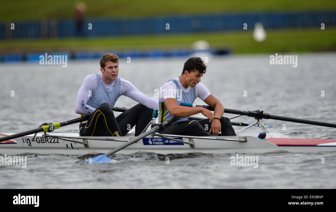 Nottingham, UK. 18th Oct, 2014. British Rowing Championships.Mark Chatwin and Matthew Denley of Quintin BC show relief having won their Lightweight Doubles semi final. Credit:  Action Plus Sports/Alamy Live News Stock Photo