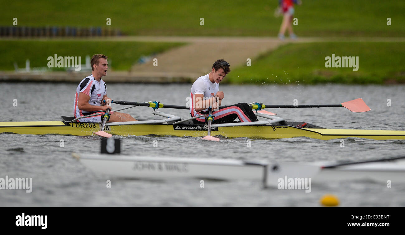 Nottingham, UK. 18th Oct, 2014. British Rowing Championships. Myles Cannings and William New of Leander Club celebrate winning their Lightweight Doubles semi final. Credit:  Action Plus Sports/Alamy Live News Stock Photo