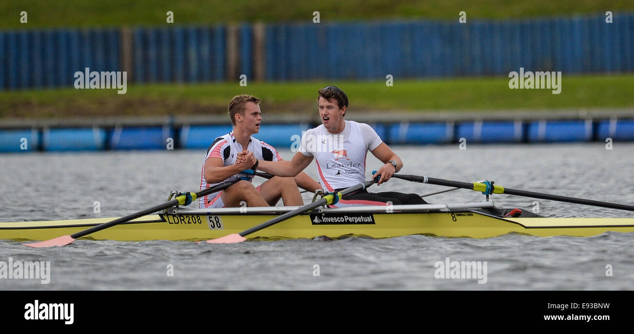 Nottingham, UK. 18th Oct, 2014. British Rowing Championships. Lambton-Heys and William New of Leander Club congratulate each other after victory in their Lightweight Doubles Semi Final Credit:  Action Plus Sports/Alamy Live News Stock Photo