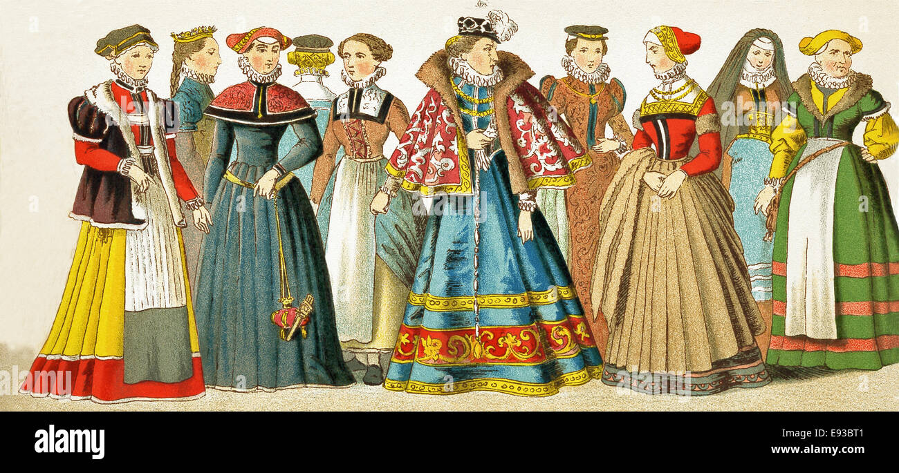 The German  figures represented here are, from left to right: woman from Nuremberg, woman from Misnia, woman from Swabia, woman from Frankfurt, woman from Misnia, maid servant from Cologne, two women from Misnia, woman from Nuremberg, woman from Frankfurt, woman from Swabia. Stock Photo