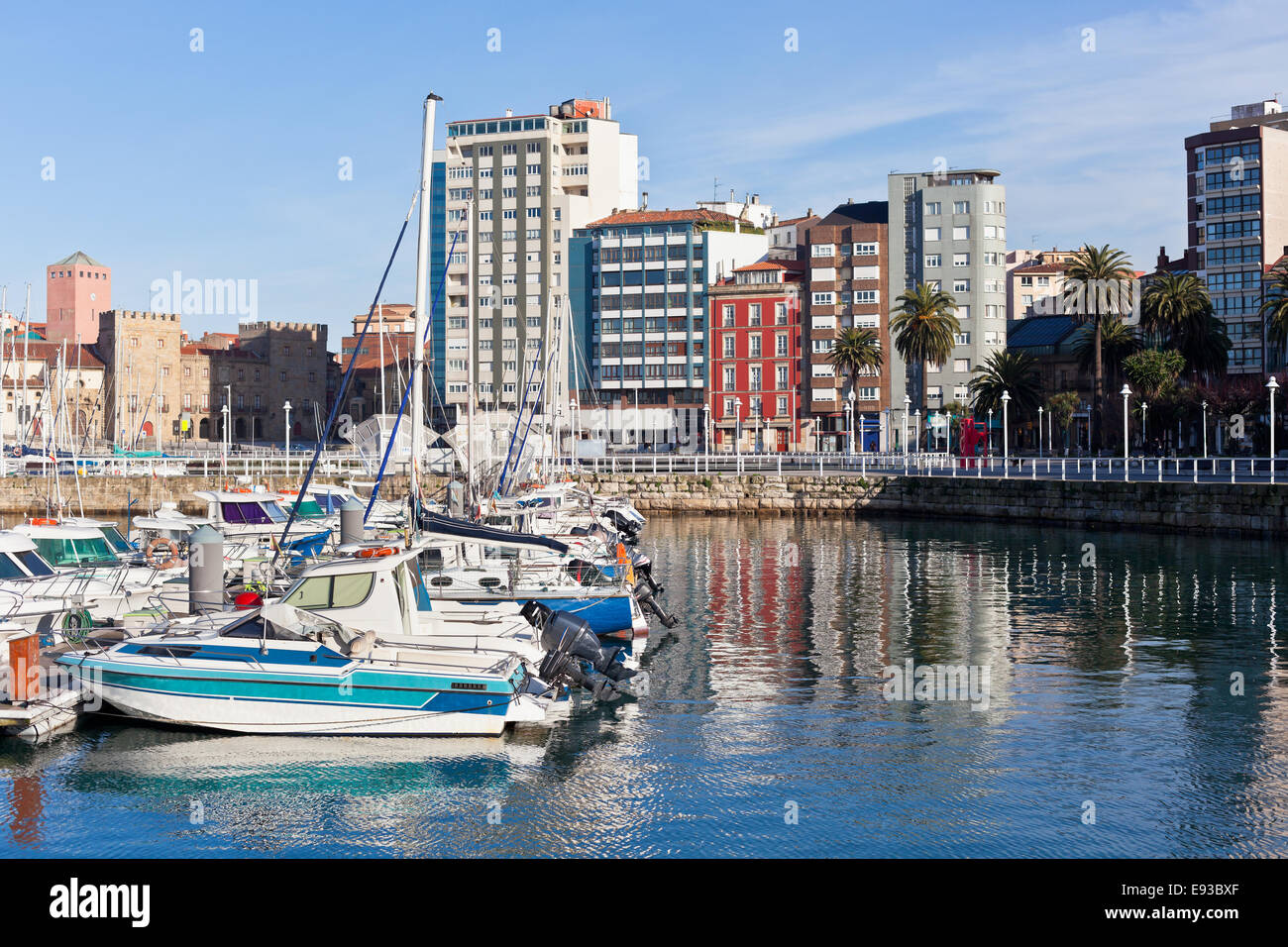 View on Old Port of Gijon and Yachts, Asturias, Northern Spain Stock Photo