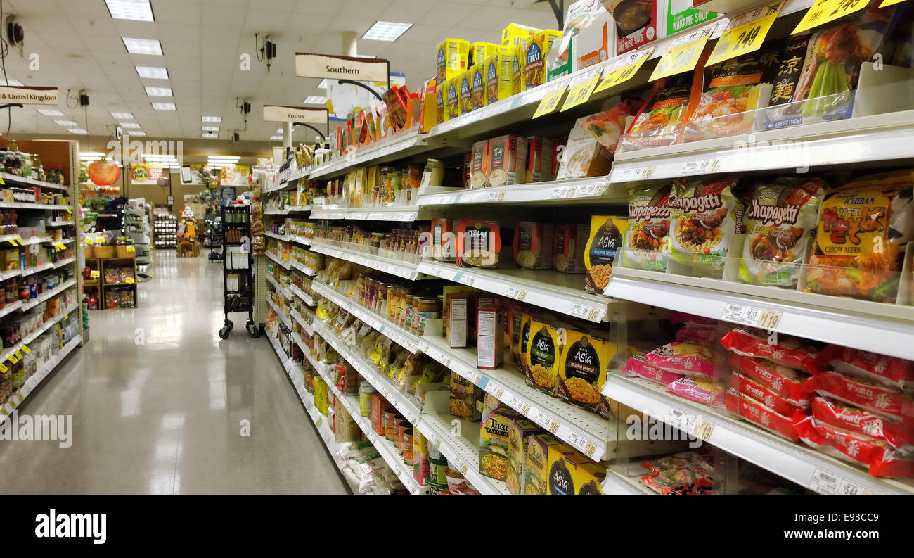 aisle of international foods in an American grocery store Stock Photo