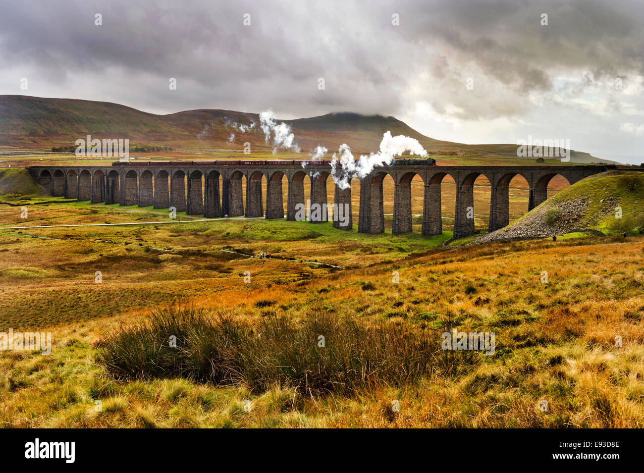 Ribblehead Viaduct, North Yorkshire, UK. 18th October, 2014. The Thames-Clyde Express, hauled by The Duchess of Sutherland locomotive, crosses the famous viaduct in the Yorkshire Dales National Park Stock Photo