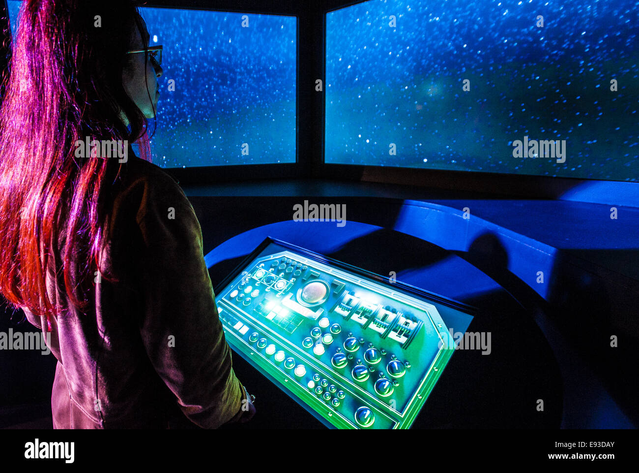 Italy Piedmont Turin Pino Torinese Inauguration of the new museum area of the Turin Museum Planetarium Astronomy and Space INFINI.TO 17th October 2014 -Flight simulation in a spaceship Stock Photo