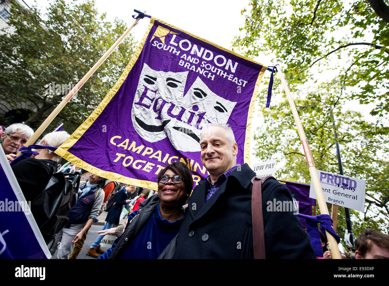 London, UK. 18 October 2014. 'Britain Needs A Payrise'   A TUC national demonstration in Central London.  Michael Sinclair, President of Equity and some of his fellow members prepare to set off from the Embankment. Photo: Gordon Scammell/Alamy Live News Stock Photo
