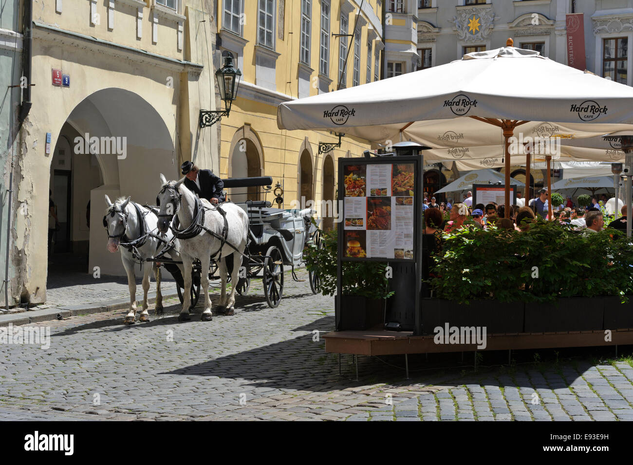 A white horse carriage by the Hard Rock café in the City of Prague