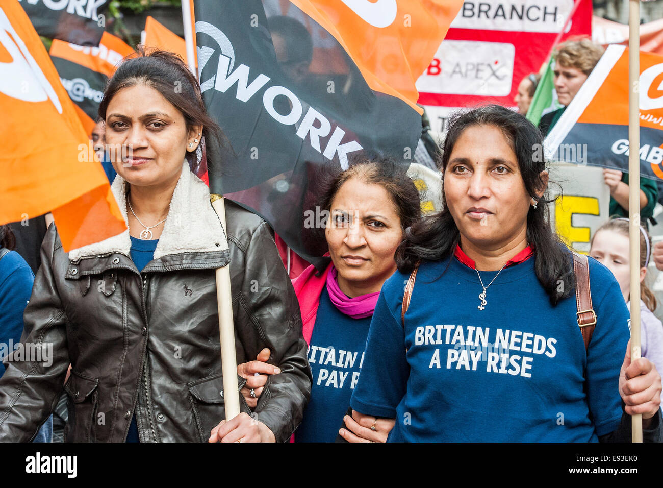 London, UK. 18th October, 2014. Britain needs a pay rise - A march organised by the TUC to demand fairer and pay rises for the lowest paid and particularly in the public sector. The march started at Embankment, passed through Trafalgar Square and ended with speeches in Hyde Park. Credit:  Guy Bell/Alamy Live News Stock Photo