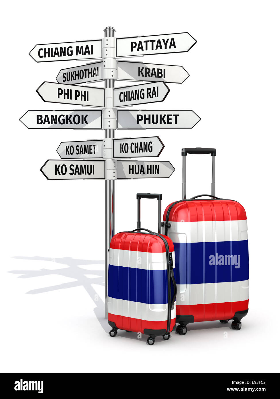 Travel concept. Suitcases and signpost what to visit in Thailand. 3d Stock Photo