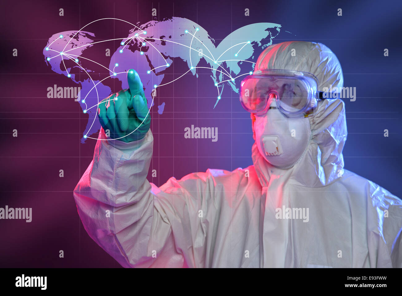 Scientist in Hazmat suit and protective gear pointing at origin of Ebola virus Stock Photo