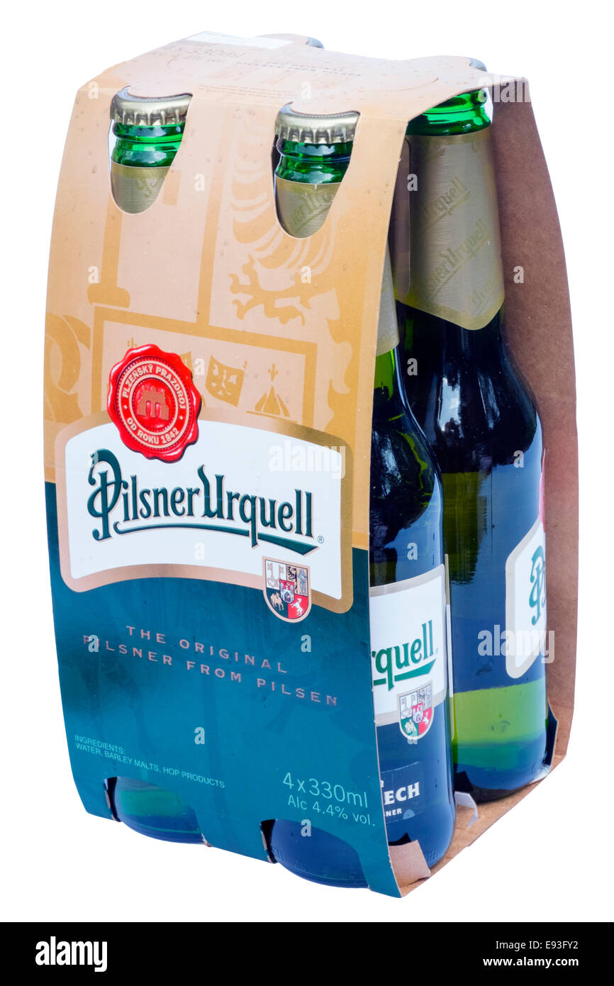 Pilsner Urquell beer, cut out or isolated against a white background. Stock Photo