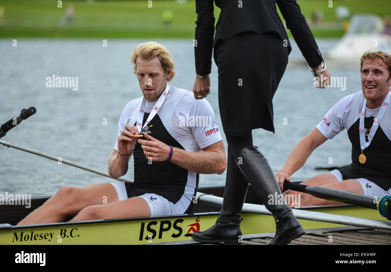 Nottingham, UK. 18th Oct, 2014. British Rowing Championships. Andrew Triggs Hodge of Moseley BC 'A&quot; admires his National Champions Medal after winning the Mens Coxless Fours. Credit:  Action Plus Sports/Alamy Live News Stock Photo