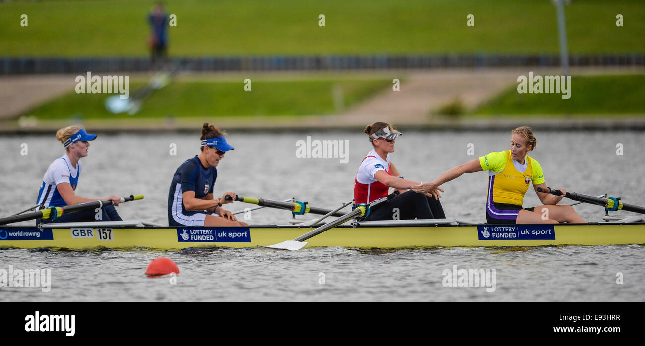 Nottingham, UK. 18th Oct, 2014. British Rowing Championships. Jessica Eddie, Helen Glover, Zoe Lee, Heather Stanning of London RC, Imperial Coll, Minerva, Bath RC, Army RC cross the line ahead to become National Champions in the Womens Coxless Four. Credit:  Action Plus Sports/Alamy Live News Stock Photo