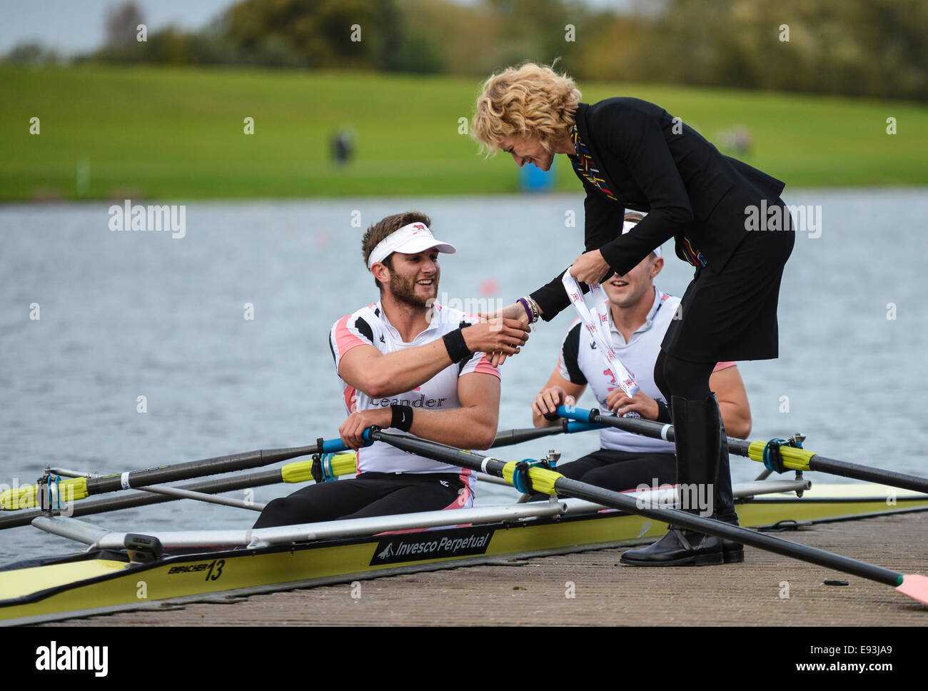 Nottingham, UK. 18th Oct, 2014. British Rowing Championships. John Collins and Jonathan Walton of Leander Club accept their medals after becoming National Champions in the Mens Doubles. Credit:  Action Plus Sports/Alamy Live News Stock Photo