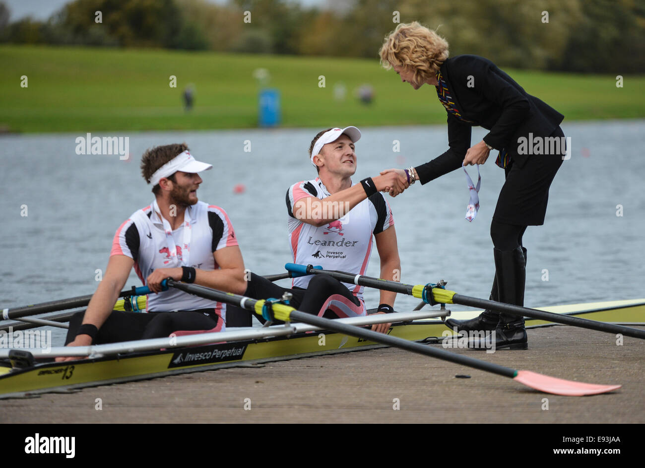 Nottingham, UK. 18th Oct, 2014. British Rowing Championships. John Collins and Jonathan Walton of Leander Club accept their medals after becoming National Champions in the Mens Doubles. Credit:  Action Plus Sports/Alamy Live News Stock Photo