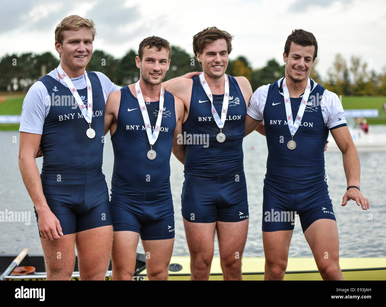 Nottingham, UK. 18th Oct, 2014. British Rowing Championships. Michael DiSanto, Constantine Louloudis, Iain Mandale, Sam O'Connor of Isis BC 'A' show their 2nd place medals after the Mens Coxless Four's final. Credit:  Action Plus Sports/Alamy Live News Stock Photo
