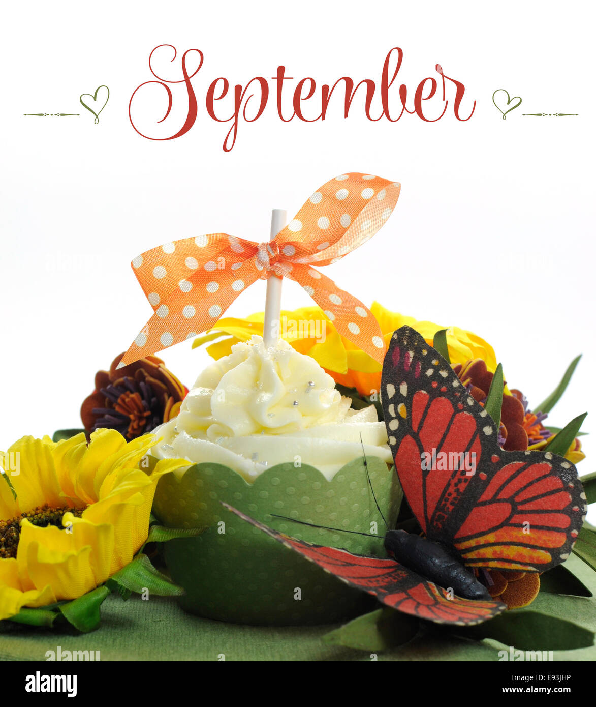 Beautiful Autumn Fall theme cupcake with autumn seasonal flowers and decorations for the month of September Stock Photo