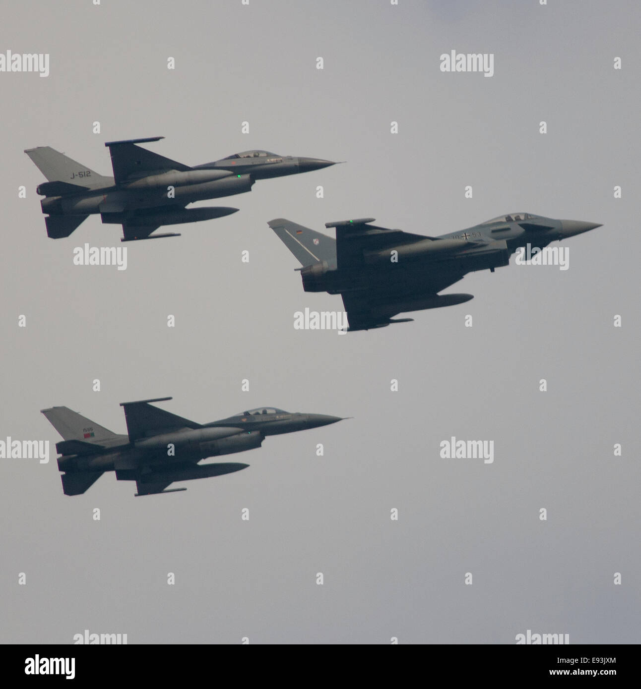 Three NATO fighter jets flying over Cardiff Bay during the 2014 summit meeting. 22 planes from 9 nations took part. Stock Photo