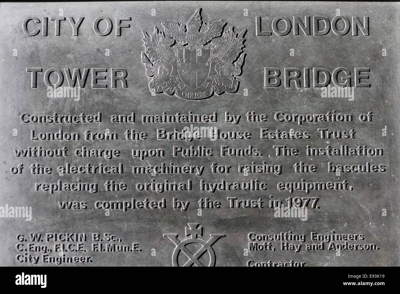 Tower Bridge  SE1, commemorative plaque Stock Photo