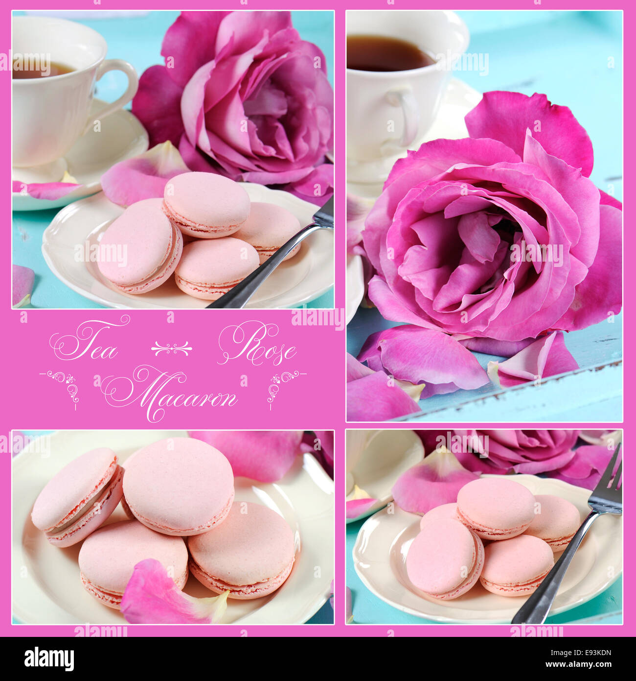 Collage of stylish, elegant, shabby chic style vintage aqua blue tray with macarons, cup of tea and bright pink rose Stock Photo