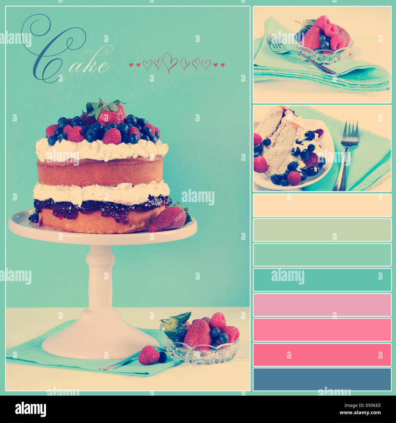 Vintage retro style afternoon tea sponge cake with whipped cream and fresh berries collage Stock