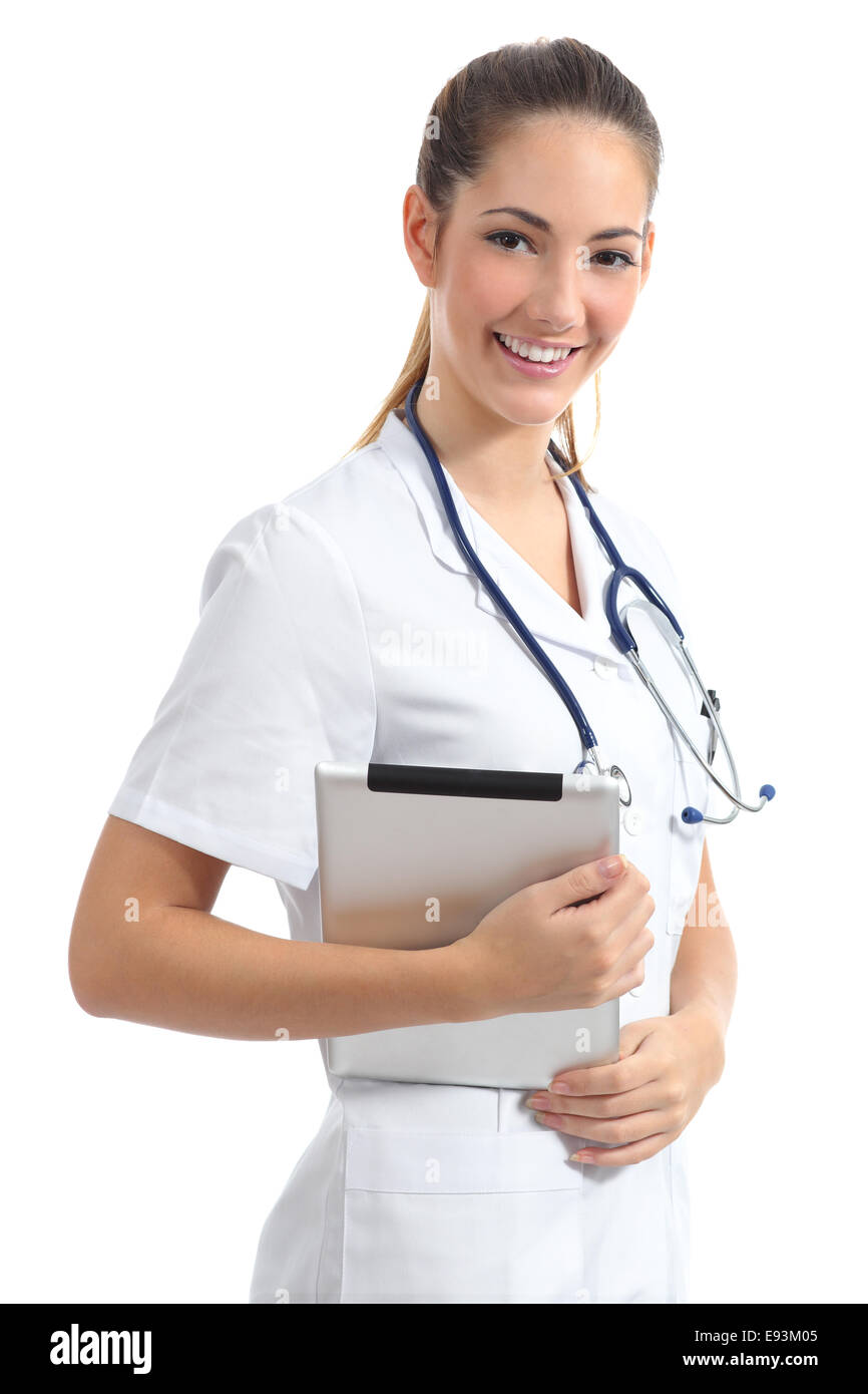 Friendly intern student nurse posing standing holding a tablet isolated on a white background Stock Photo