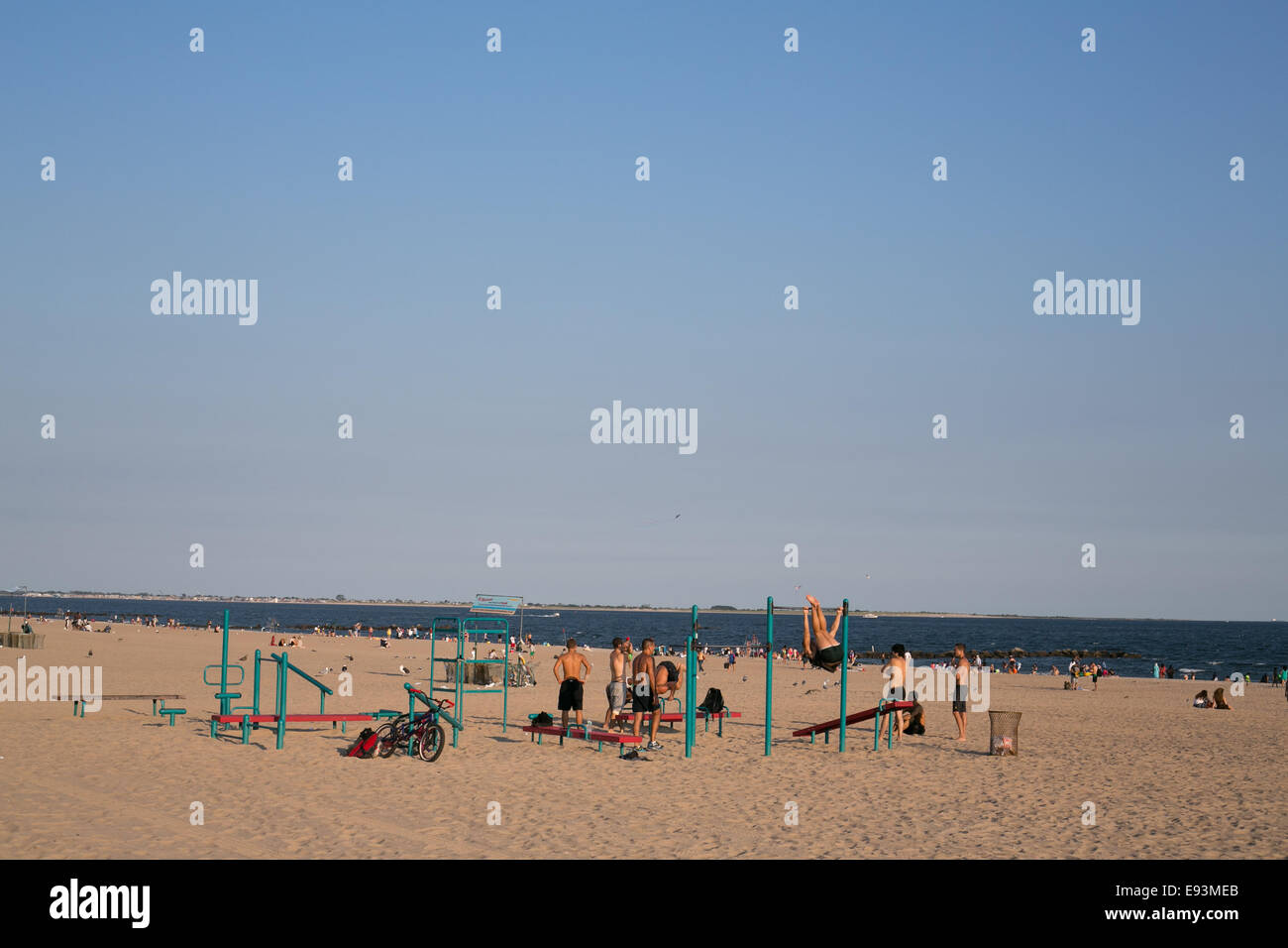 People at the makeshift gym on the beach, Coney Island, Brooklyn, New