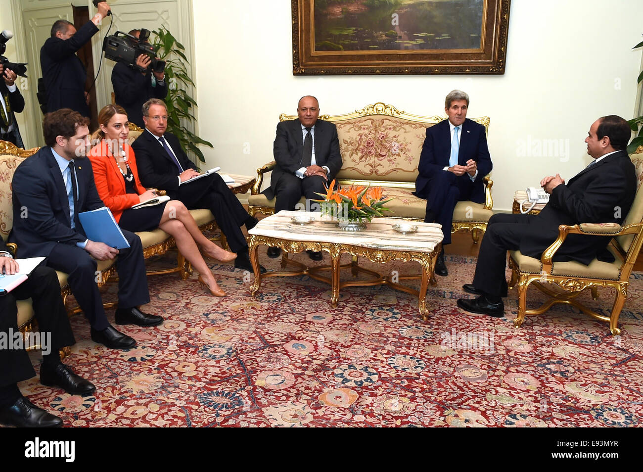 State Department Deputy Chief of Staff Jon Finer, National Security Council staffer Yael Lempert, and Acting Special Envoy for Israeli-Palestinian Negotiations Frank Lowenstein sit with Egyptian Foreign Minister Sameh Shoukry, U.S. Secretary of State John Stock Photo