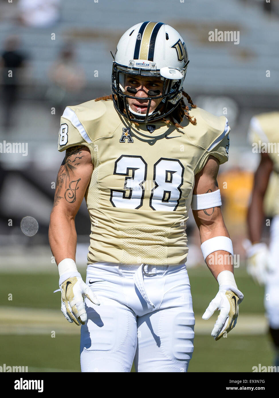 October 18, 2014 - Orlando, FL, U.S: UCF Knights defensive back Jordan  Ozerities (38) before the start of NCAA football game action between the  Tulane Green Wave and the UCF Knights at