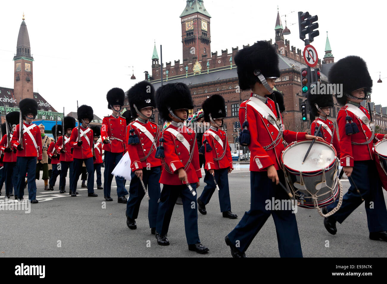 Copenhagen, Denmark. 18th Oct, 2014. Tivoli Buys band march through the city of Copenhagen in celebration of Halloween. Here pictured with the City Hall in the background. Credit:  OJPHOTOS/Alamy Live News Stock Photo