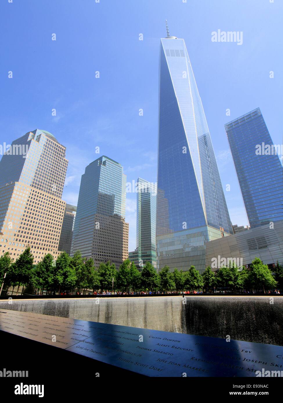 the 9/11 Memorial and One World Trade Center, New York City, USA Stock Photo