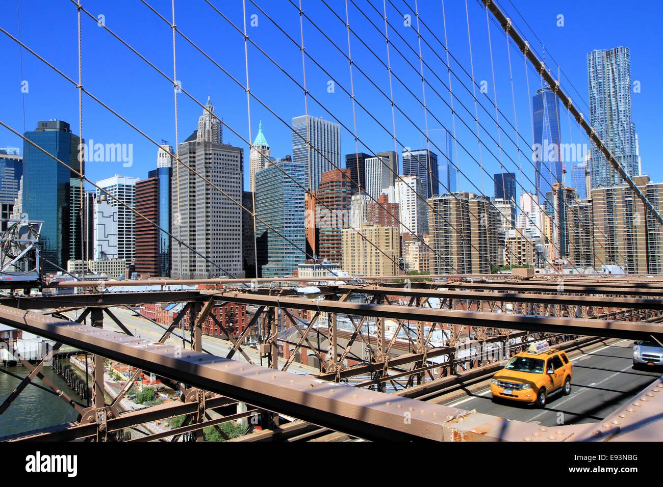 Manhattan skyline view from the Brooklyn bridge, New York City, USA ...