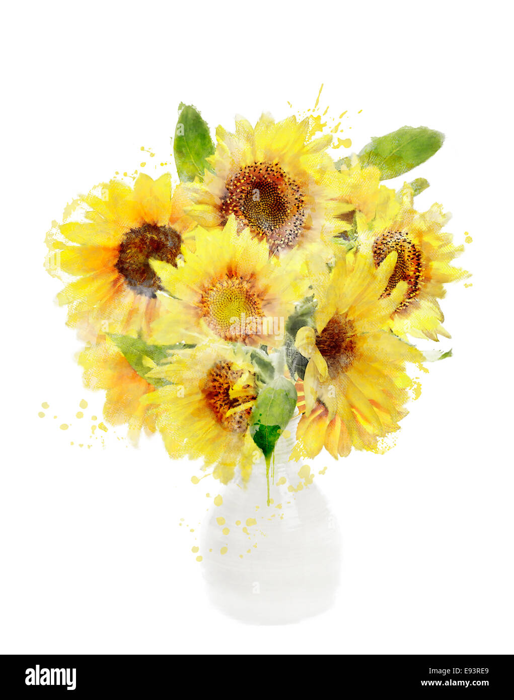 Watercolor Digital Painting Of Sunflowers Bouquet In Vase Stock Photo ...