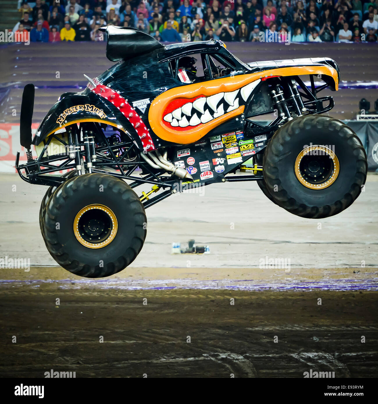 Sydney, Australia. 18th Oct, 2014. Colt Stephens driving 'Monster Mutt' gets some air during Monster Jam at the ANZ Stadium in Sydney. Credit:  MediaServicesAP/Alamy Live News Stock Photo