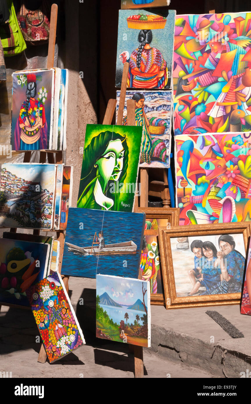 Art work for sale, naive Mayan style oil paintings, Chichicastenango