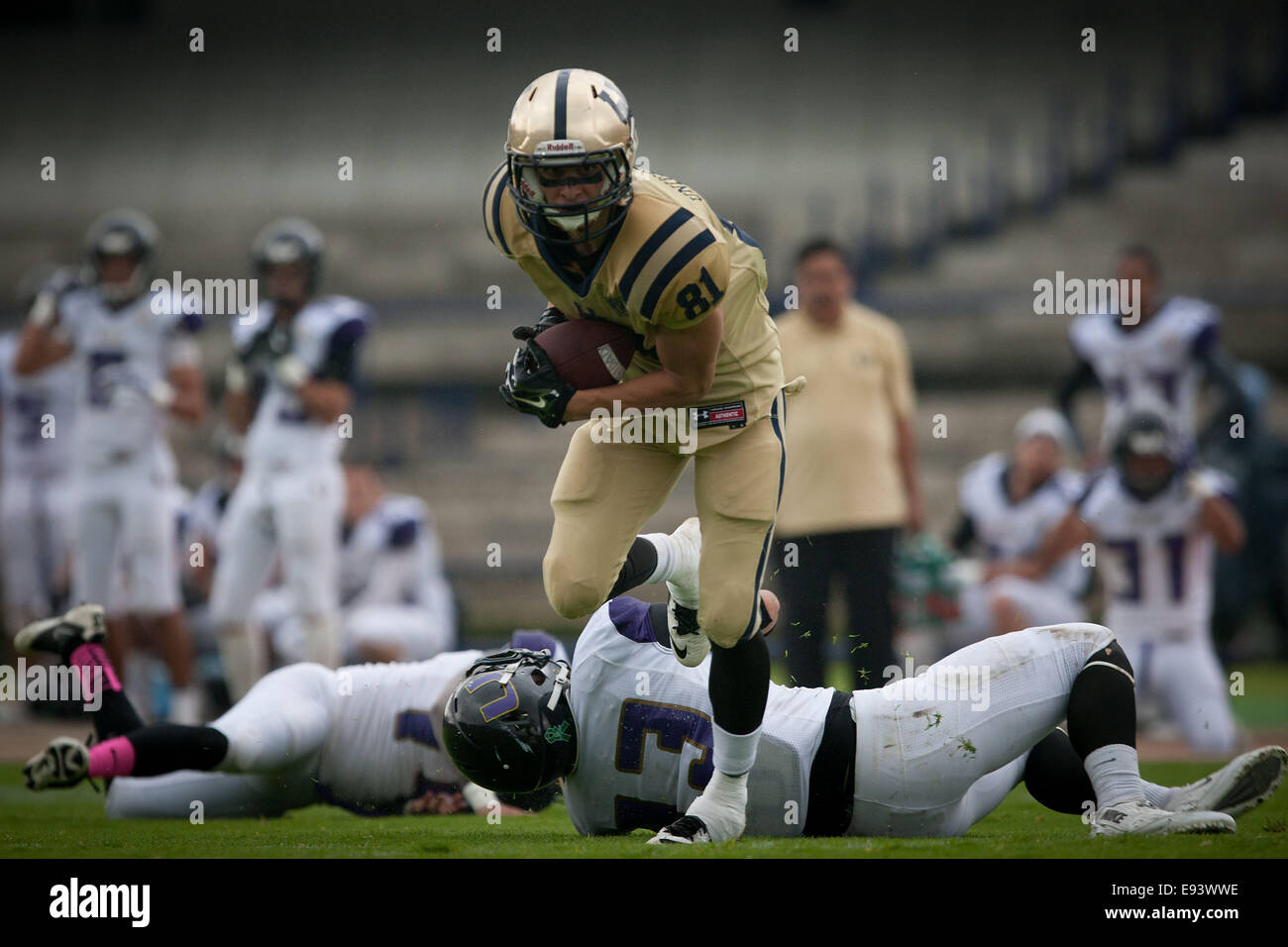 Mexico City, Mexico. 18th Oct, 2014. Players of Pumas C.U. of Mexico's National Autonomous University (UNAM) and Aguilas of Chihuahua's National Autonomous University (UACH) compete during the match of the week six of the 2014 Season of the Conference of the Eight Big of the National Student Football Association (ONEFA, for its acronym in Spanish), in the University Olympic Stadium, in Mexico City, capital of Mexico, on Oct. 18, 2014. © Pedro Mera/Xinhua/Alamy Live News Stock Photo