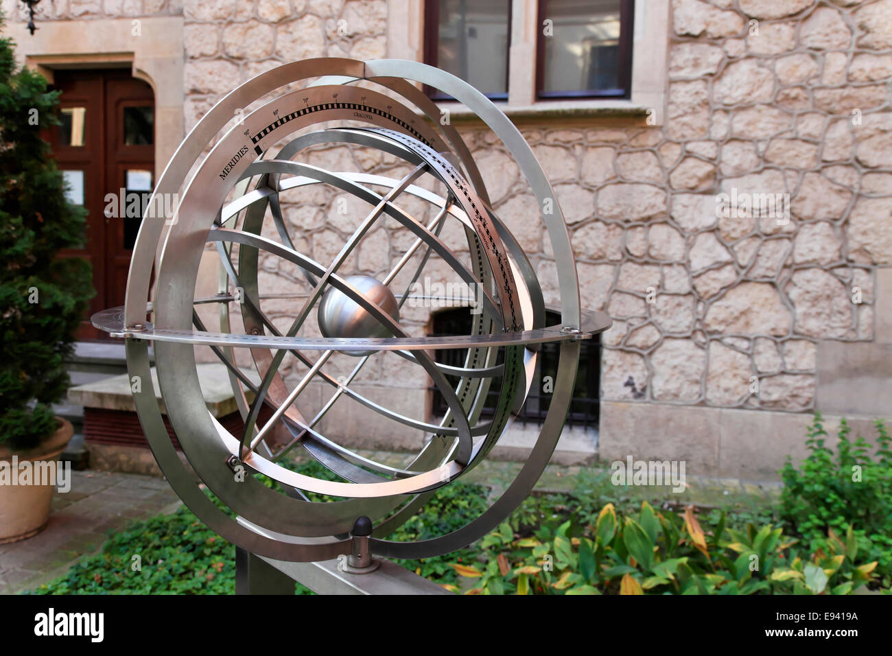 Armillary sphere in the Professors Garden at the Jagiellonian University of Krakow, Poland. Stock Photo