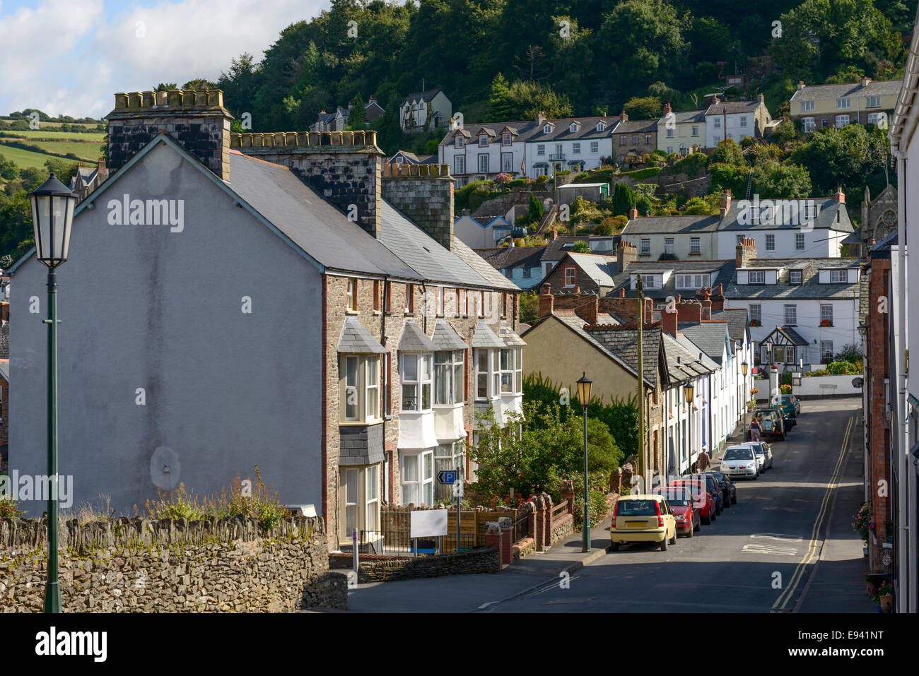 view of street with old houses in small village of Exmoor region Stock