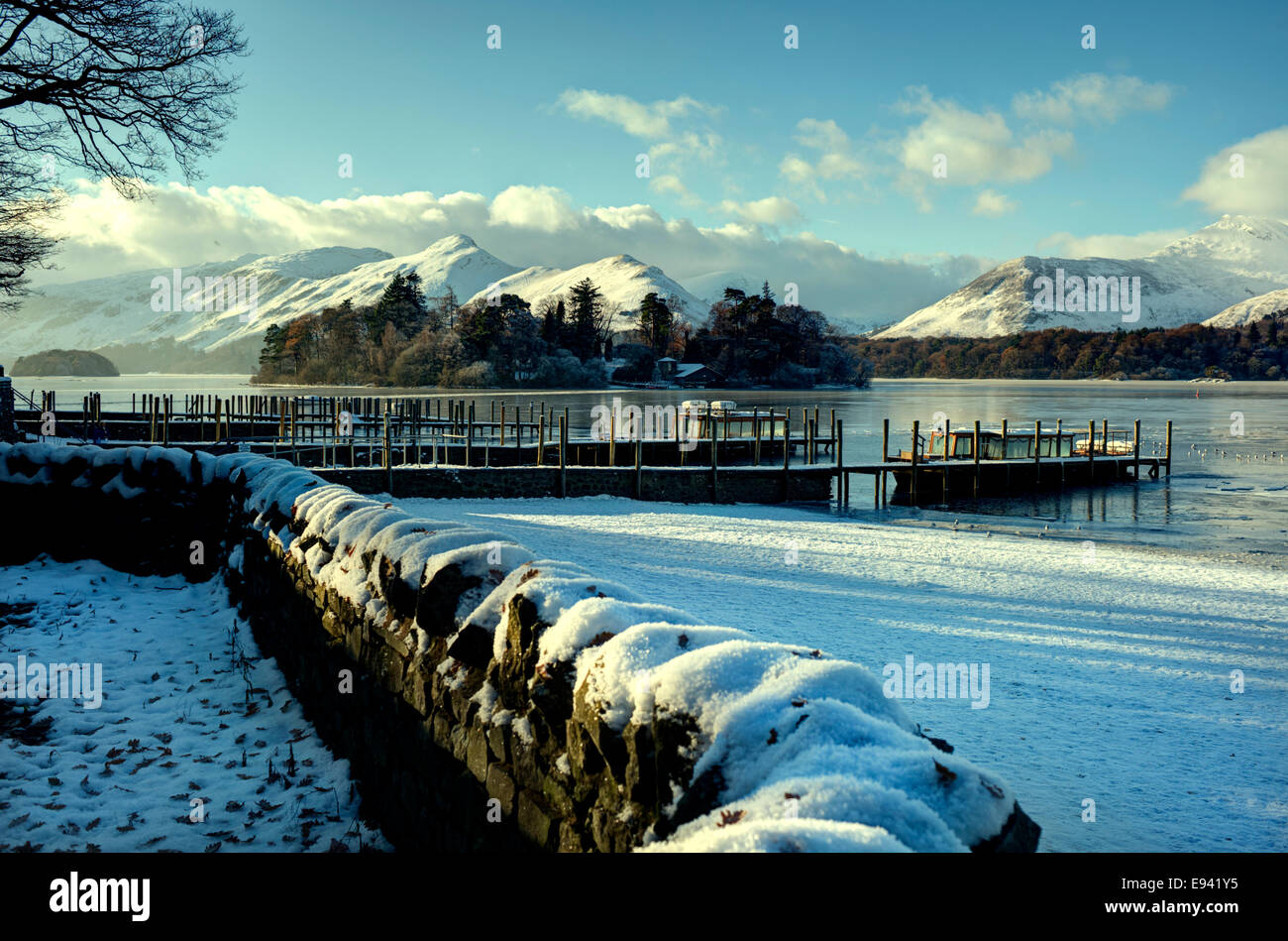 Derwentwater keswick winter snow hi-res stock photography