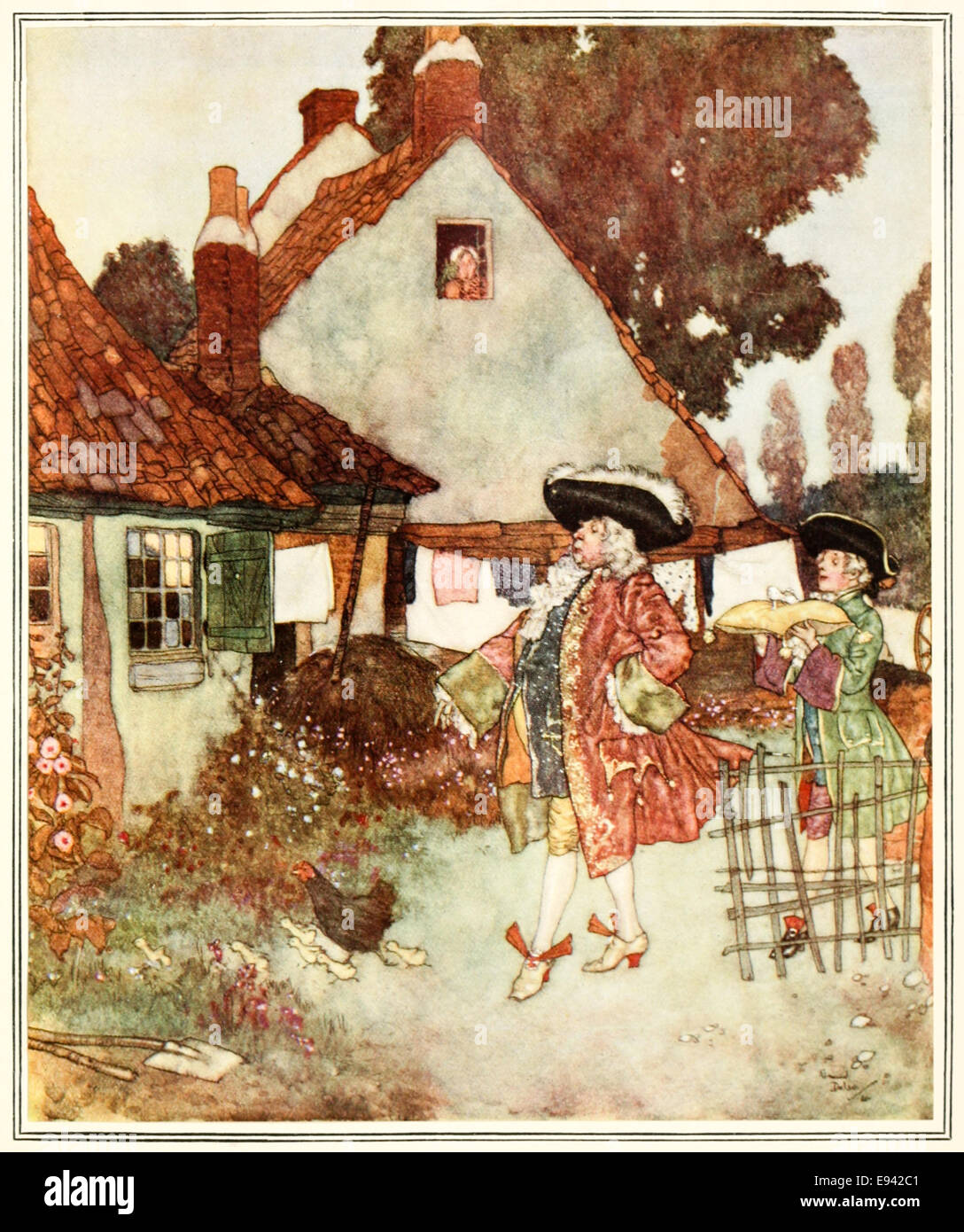 'The Prime Minister searching for the owner of the glass slipper on the orders of the Prince' from the story 'Cinderella' illustrated by Edmund Dulac (1882-1953). See description for more information Stock Photo