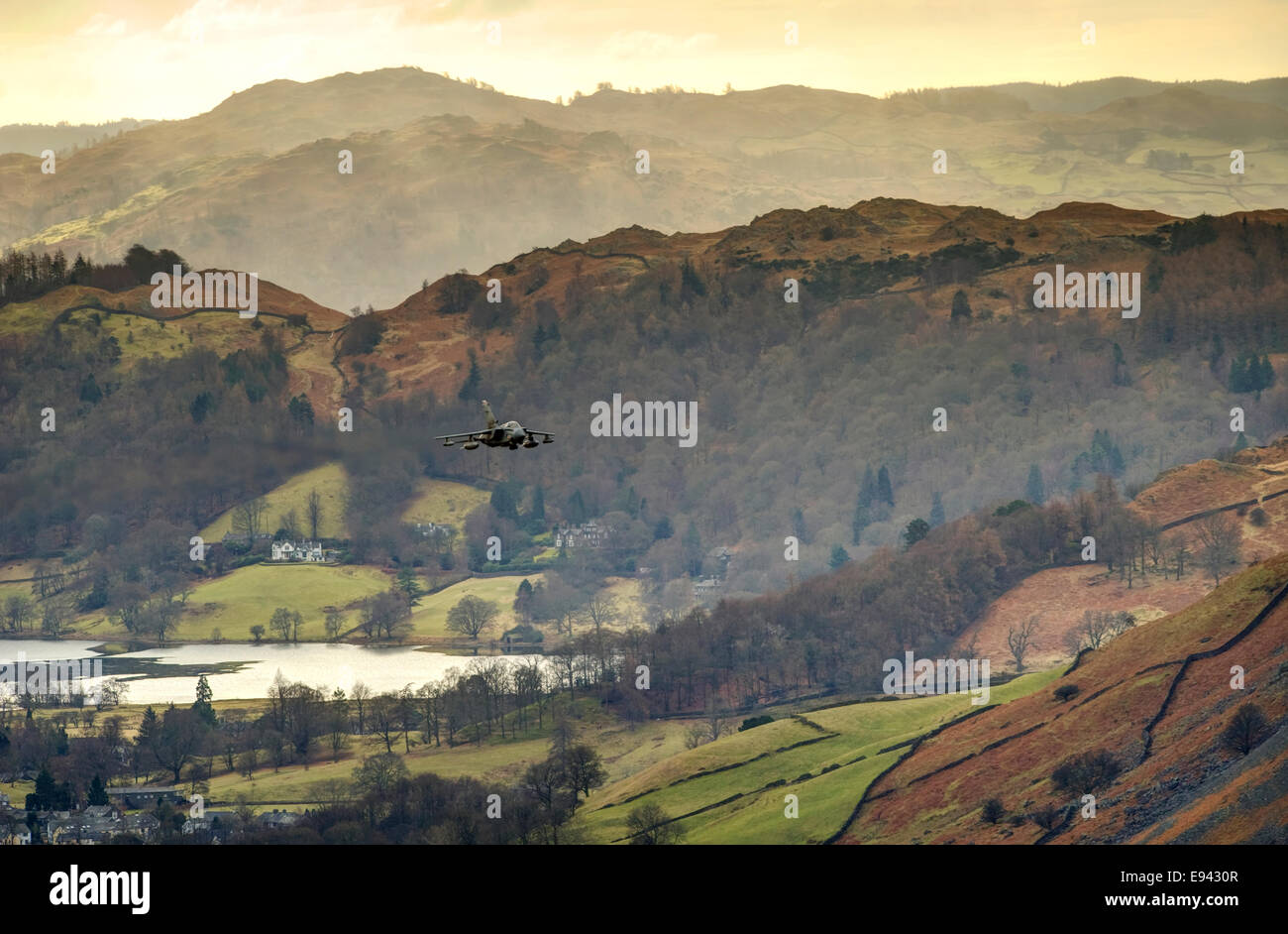 RAF Tornado fighter / bomber on low level training exercise over Grasmere, English Lake District, UK. Stock Photo