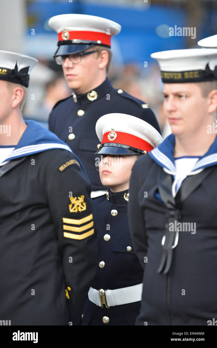 Trafalgar Square, London, UK. 19th October 2014. A small Cadet stands at attention. The Sea Cadets commemorate Trafalgar Day, the death of Admiral Lord Nelson at the battle of Trafalgar. Credit:  Matthew Chattle/Alamy Live News Stock Photo